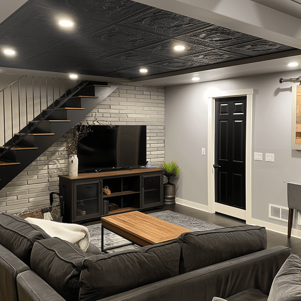 Finished basement entertainment setup with media center and comfortable seating in Clearfield