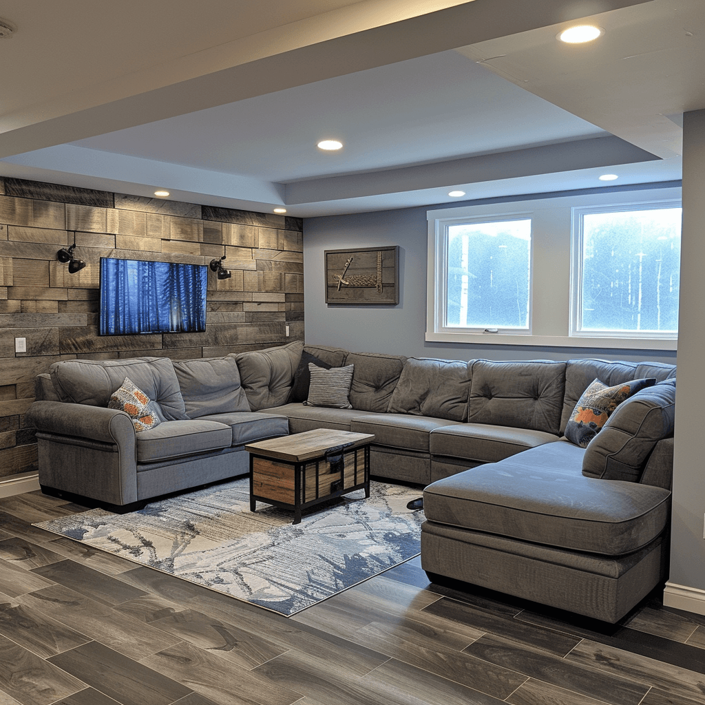 Cozy basement makeover with sectional seating area and accent lighting in Northern Utah