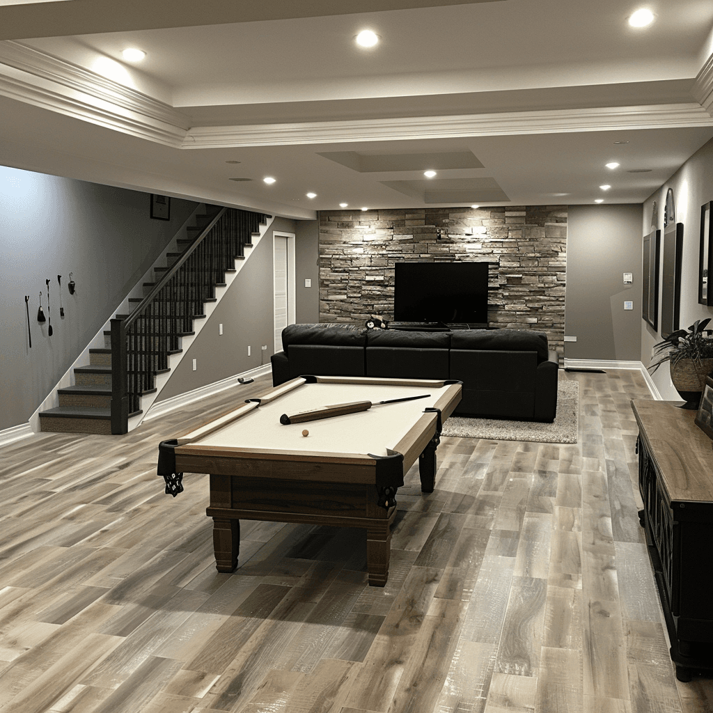Elegant basement remodel featuring a pool table and entertainment area in Ogden