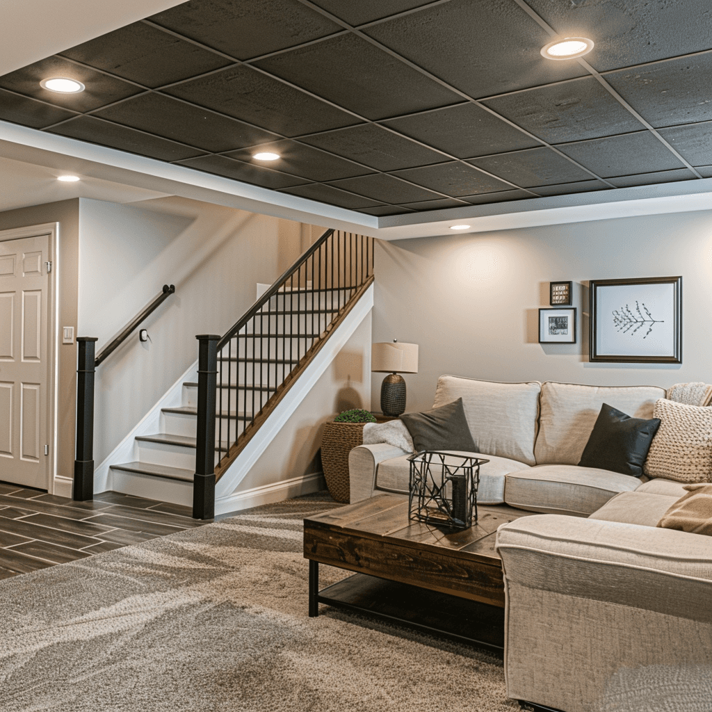 Functional basement design with modern seating area and ambient lighting in Layton