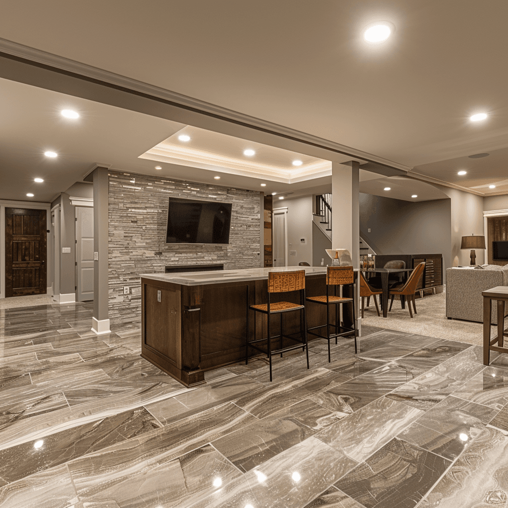 Transformed basement with entertainment corner and custom bar area in Davis County
