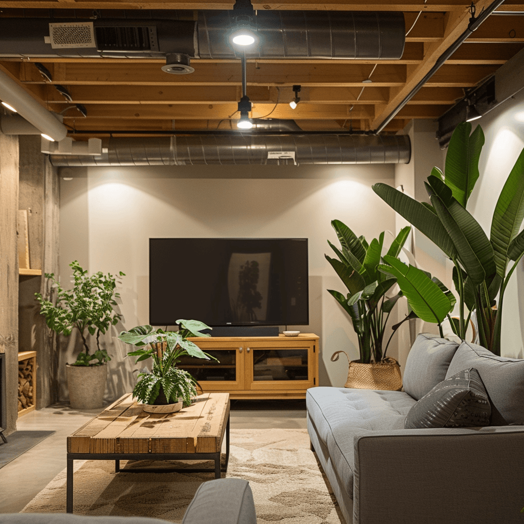 Finished basement with natural elements, indoor plants and earth-tone furniture in Clearfield