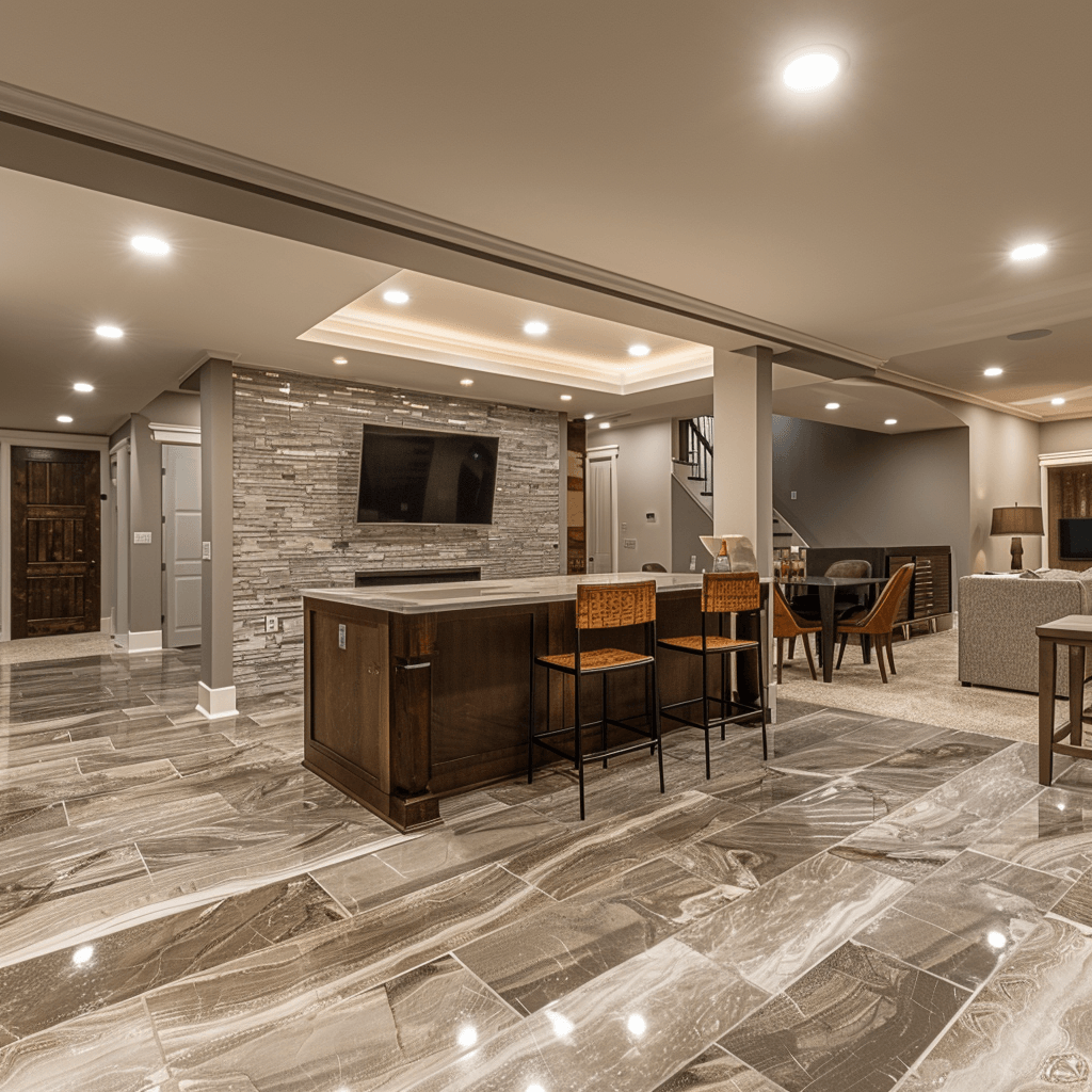 Finished basement with small living room area, TV, and counter island with chairs